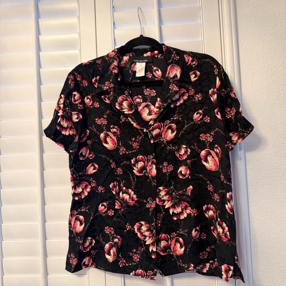 Luxury Jones New York 100% Silk Top Blouse Size 14 Large L Black Pink Floral